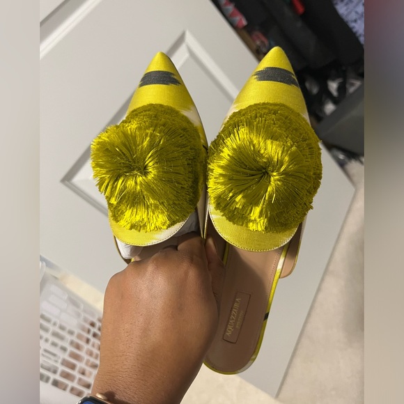 Size 41 - Aquazzura Powder Puff Pompom Lime Green/Yellow Mules - Picture 12 of 16
